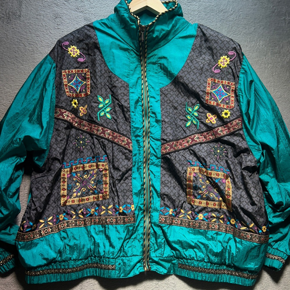 Vintage 90s Windbreaker Teal Black Embroidered Plus Size 3X‎ * Zipper Issue
